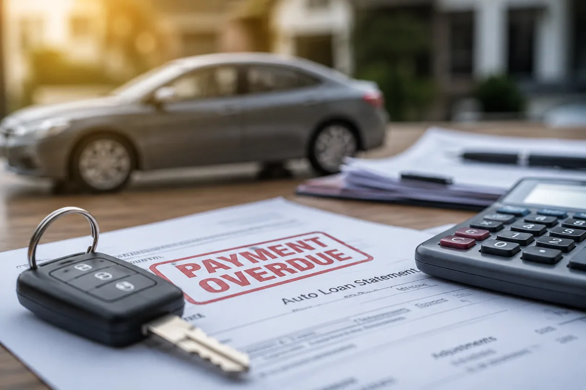 Llave de auto sobre un estado de cuenta de préstamo con sello de pago vencido, calculadora y carro de fondo